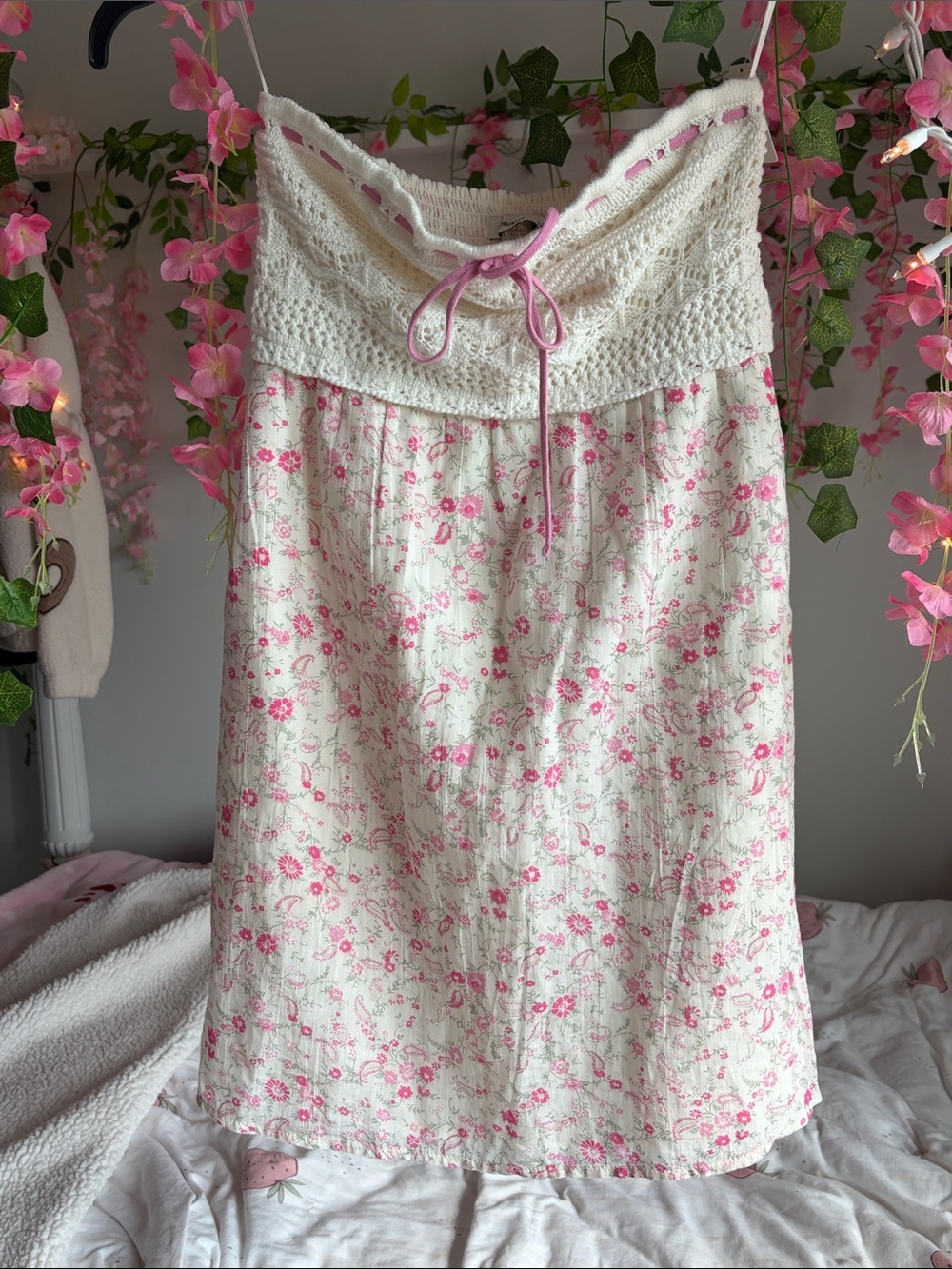 Hollister Cream Tube Minidress with Pink Floral Print and Crochet Bodice